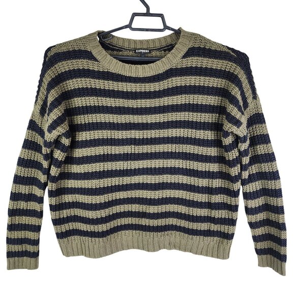 Womens Express Olive & Black Striped Knit Sweater Crew Neck Long Sleeve Size M - Picture 1 of 11